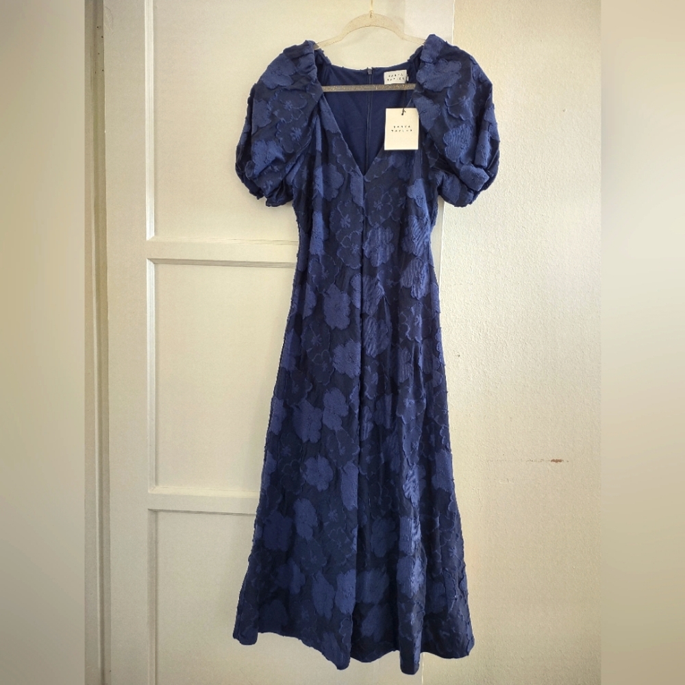 Tanya Taylor Harley Floral Navy Puff Sleeve VNeck Midi Dress - Picture 2 of 10